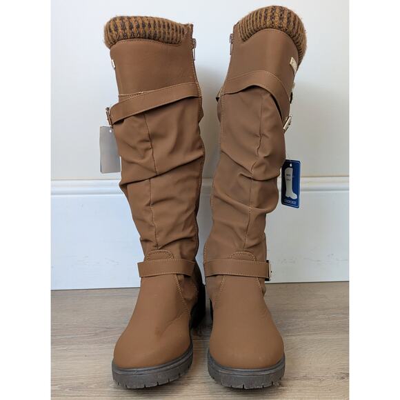 NEW Cherokee Womens Tall Boots 8 Brown Slouchy Knit Cuff Zip Buckle Lug Sole - Picture 5 of 12